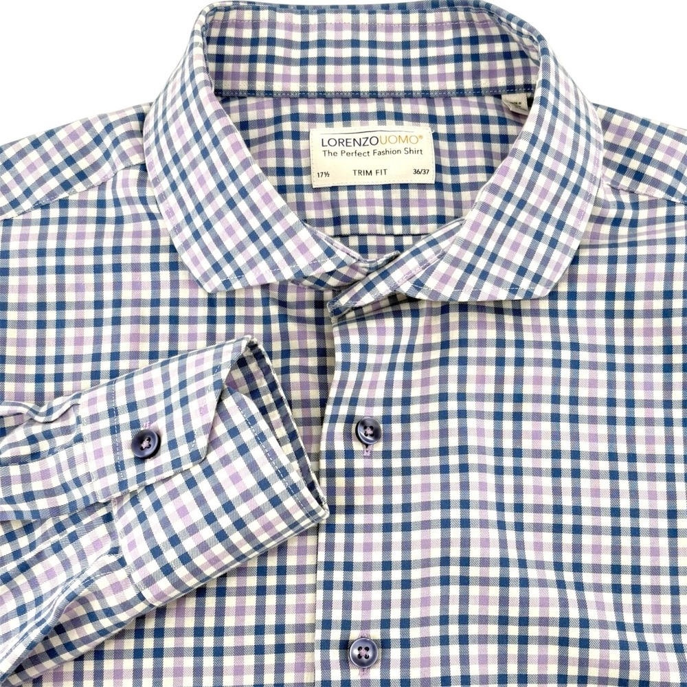Lorenzo Uomo Mens Blue Purple Gingham Trim Fit Button Down Shirt 17.5 36/37